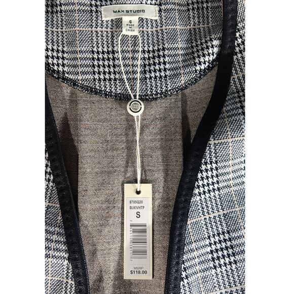 Max Studio Women’s Glen Plaid Open Front Blazer Jacket Small Black White Check - Picture 3 of 7